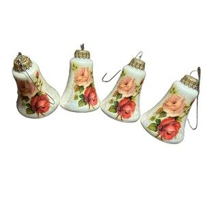 4 West Germany Christmas Ornaments Bell Shaped Flowers Mercury Glass Rose VTG